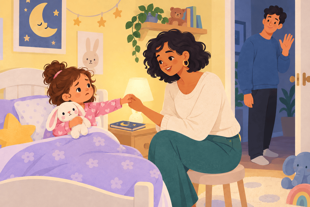 Illustration about separation anxiety at bedtime
