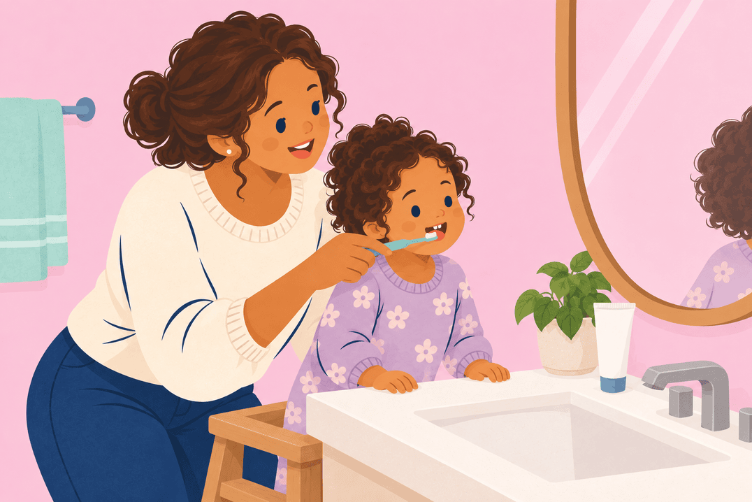 Illustration about brushing baby's first teeth