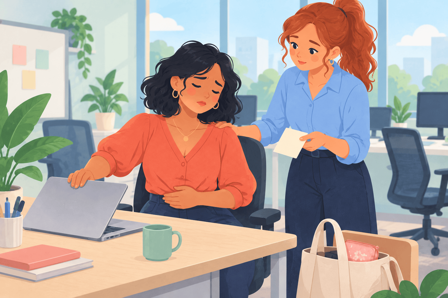 Illustration about period pain at work