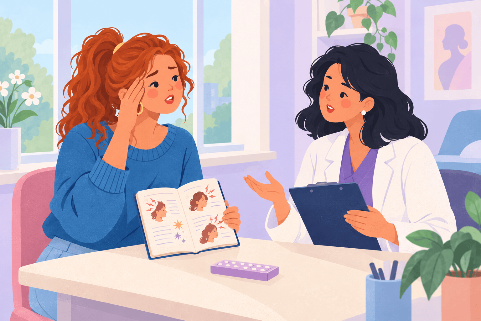 Illustration about contraceptive pills and migraines
