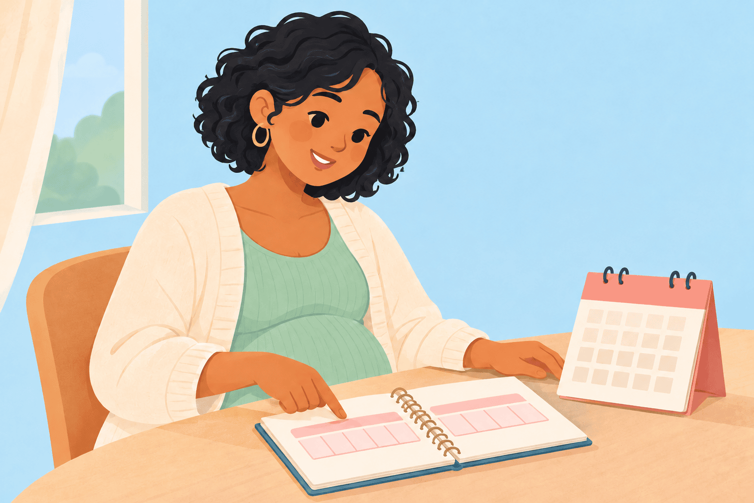 A pregnant woman following pregnancy weeks in a planner beside a calendar