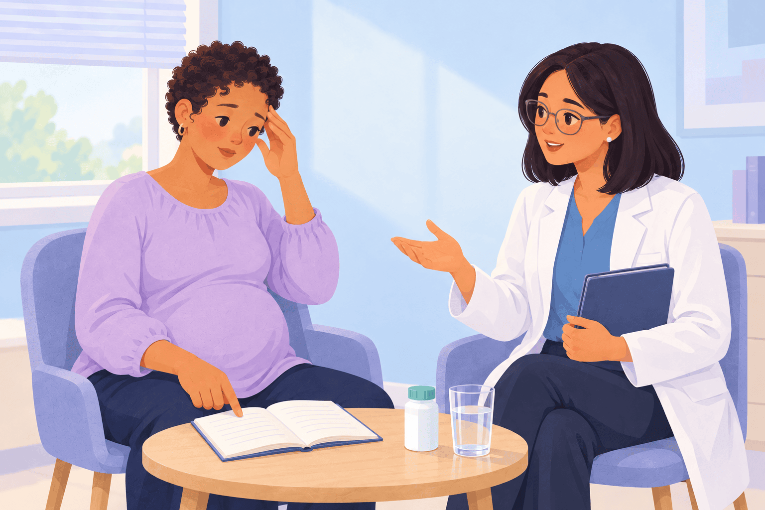 Illustration about migraine treatment in pregnancy
