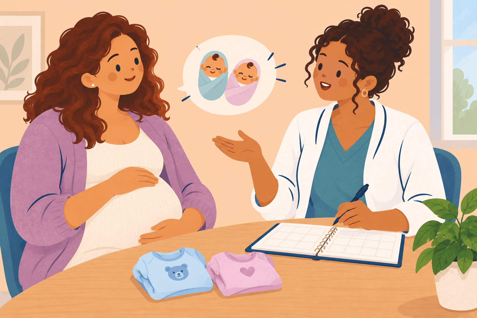 Illustration about twin pregnancy care