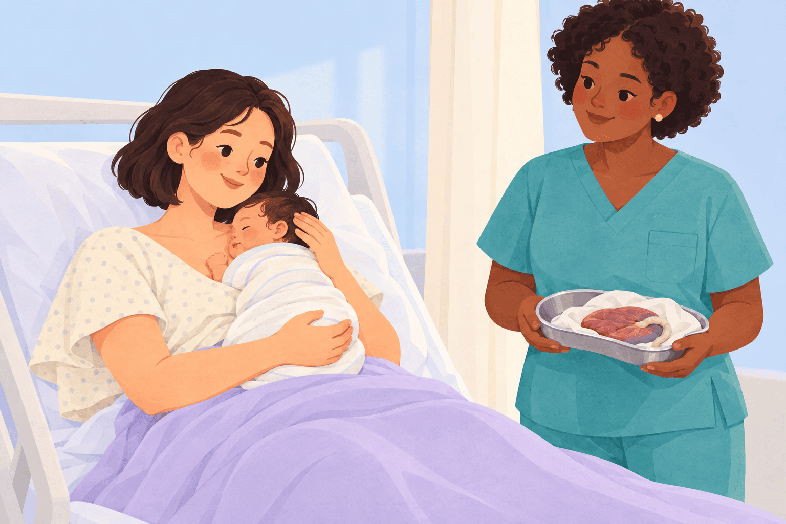 Illustration about delivering the placenta